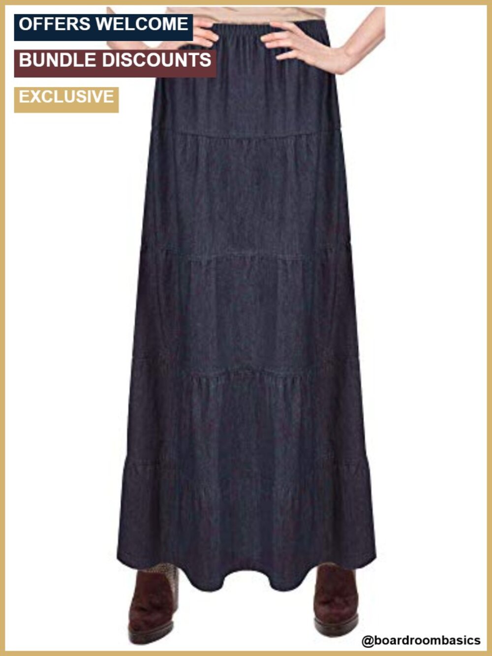 Womens Tiered Long Denim Prairie Skirt Ankle Length 100% Cotton